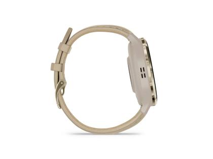 Garmin Venu 3S faserverstärktes Polymer French Grey 41mm beigefarbenes Lederband – Herrenuhren Uhr Multifunktion aus Edelstahl, Kautschuk, Kunststoff, Leder und PVD beschichtet. Das Gehäuse ist rund und beige. Das Lederarmband ist beige. Das Zifferblatt ist digital und schwarz. – Ansicht 4