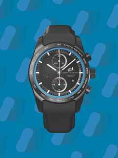 Porsche Design Custom Built Timepieces Watchmakers Choice "RivieraBlau" Chronograph Automatik Titan Schwarz 42mm schwarzes Zifferblatt schwarzes Lederband – Herrenuhren Chronograph aus Edelstahl, Leder, Titan und Titancarbid beschichtet. Das Gehäuse ist rund und schwarz. Das Lederarmband ist schwarz. Das Zifferblatt ist ein Index in schwarz. – Ansicht 5