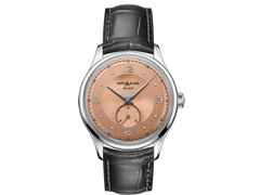 Montblanc Heritage  Handaufzug Small Second 39 mm Edelstahl lachsfarben Lederband Limited Edition – Herrenuhren Uhr ohne Datum aus Edelstahl. Das Gehäuse ist rund und silber. Das Lederarmband Kroko / Alligator ist schwarz. Das Zifferblatt ist arabisch Index und orange.