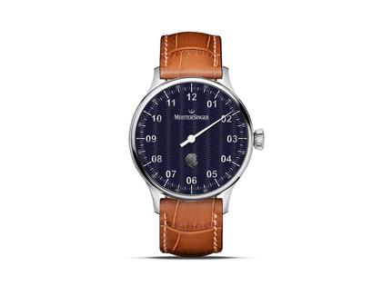 MeisterSinger Pangaea 200 Jahre Johann Strauss Automatik Edelstahl 40mm blaues Zifferblatt braunes Lederband limitiert – Herrenuhren Uhr ohne Datum aus Edelstahl und Leder. Das Gehäuse ist rund und silber. Das Lederarmband ist braun. Das Zifferblatt ist arabisch und blau.