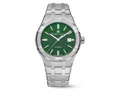 Maurice Lacroix Aikon Automatik Edelstahl 42mm grünes Zifferblatt Metallband – Herrenuhren Uhr mit Datum aus Edelstahl. Das Gehäuse ist rund und silber. Das Edelstahlarmband ist silber. Das Zifferblatt ist ein Index in grün.