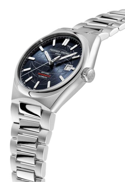 Frederique Constant Highlife Automatic Chronometer Edelstahl 39mm dunkelblaues Zifferblatt Metallband und Kautschukband – Herrenuhren Uhr mit Datum aus Edelstahl und Kautschuk. Das Gehäuse ist rund und silber. Das Edelstahlarmband ist silber. Das Zifferblatt ist ein Index in blau. – Ansicht 4