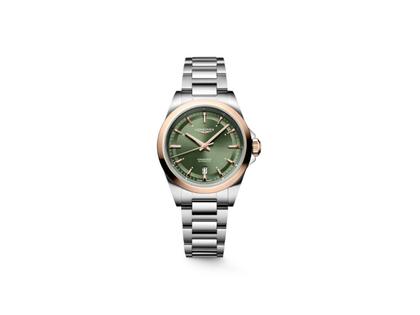 Longines Conquest Automatik Edelstahl und Roségold 30mm grünes Zifferblatt Metallband – Damenuhren Uhr mit Datum aus 750 Rotgold und Edelstahl. Das Gehäuse ist rund und silber-roségold. Das Edelstahlarmband ist silber. Das Zifferblatt ist ein Index in grün.
