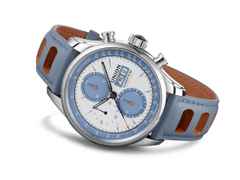 Union Glashütte Viro Chronograph Silvretta Classic 2021 Limited Edition Automatik Edelstahl 44mm weiß-blaues Zifferblatt blaues Lederband – Herrenuhren Chronograph aus Edelstahl. Das Gehäuse ist rund und silber. Das Lederarmband ist blau. Das Zifferblatt ist ein Index in blau. – Ansicht 3