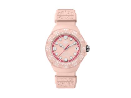 Herrenuhren Uhr mit Datum aus Edelstahl, Kautschuk und Kunststoff. Das Gehäuse ist rund und silber. Das Kautschuk / Kunststoff / Silikon Armband ist rosa. Das Zifferblatt ist ein Index in rosa.