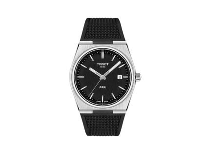 Damenuhren Uhr mit Datum aus Edelstahl und Kautschuk. Das Gehäuse ist rund und silber. Das Kautschuk / Kunststoff / Silikon Armband ist schwarz. Das Zifferblatt ist ein Index in schwarz.