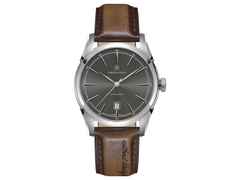 Hamilton American Classic Spirit of Liberty Auto Edelstahl graues Zifferblatt braunes Lederband – Herrenuhren Uhr mit Datum aus Edelstahl. Das Gehäuse ist rund und silber. Das Lederarmband ist braun. Das Zifferblatt ist arabisch Index und grau.