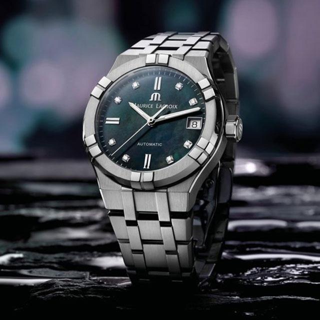 Maurice Lacroix Aikon Automatik Edelstahl 35mm schwarzes Perlmutt-Zifferblatt Metallband – Damenuhren Uhr mit Datum aus Edelstahl. Das Gehäuse ist rund und silber. Das Edelstahlarmband ist silber. Das Zifferblatt ist ein Index in schwarz. – Ansicht 2