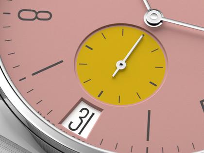 Nomos Glashütte Tangente 38 Datum "175 Years Watchmaking - Bubblegum" Handaufzug Edelstahl rosa Zifferblatt graues Textilband Glasboden – Herrenuhren Uhr mit Datum aus Edelstahl. Das Gehäuse ist rund und silber. Das Textilarmband ist grau. Das Zifferblatt ist arabisch Index und rosa. – Ansicht 5