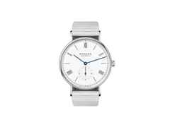 Nomos Glashütte Ludwig 38 Emailleweiß Handaufzug Edelstahl weißes Zifferblatt Metallband Stahlboden – Herrenuhren Uhr ohne Datum aus Edelstahl. Das Gehäuse ist rund und silber. Das Edelstahlarmband ist silber. Das Zifferblatt ist römisch Index und weiß.