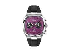Glashütte Original Seventies Chronograph Panoramadatum Plasma Limited Edition Automatik Edelstahl 40mm violettes Zifferblatt schwarzes Kautschukband – Herrenuhren Chronograph aus 585 Weißgold und Edelstahl. Das Gehäuse ist quadratisch und silber. Das Kautschuk / Kunststoff / Silikon Armband ist schwarz. Das Zifferblatt ist ein Index in lila.