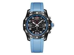 Breitling Endurance Pro 44 Chronograph Quarz Breitlight schwarzes Zifferblatt blaues Kautschukband – Herrenuhren Chronograph aus Kautschuk und Sonstiges. Das Gehäuse ist rund und schwarz. Das Kautschuk / Kunststoff / Silikon Armband ist blau. Das Zifferblatt ist arabisch Index und schwarz.