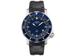 Mühle Glashütte Seebataillon GMT Automatik Titan 45mm blaues Zifferblatt schwarzes Kautschukband – Herrenuhren Uhr mit Datum aus Kautschuk und Titan. Das Gehäuse ist rund und silber. Das Kautschuk / Kunststoff / Silikon Armband ist schwarz. Das Zifferblatt ist ein Index in blau. – Ansicht 2