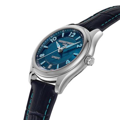 Frederique Constant Classics Runabout Automatic Edelstahl 36mm blaues Zifferblatt blaues Lederband – Damenuhren Uhr mit Datum aus Edelstahl und Leder. Das Gehäuse ist rund und silber. Das Lederarmband ist blau. Das Zifferblatt ist arabisch Index und blau. – Ansicht 2