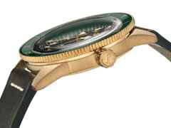 Rado Captain Cook Bronze grün Lederband – Herrenuhren Uhr mit Datum aus Bronze und Keramik. Das Gehäuse ist rund und roségold. Das Lederarmband ist grün. Das Zifferblatt ist ein Index in grün. – Ansicht 2