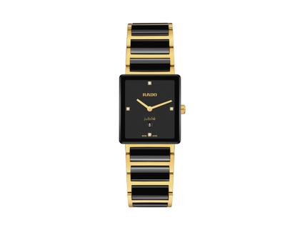 Damenuhren Uhr mit Datum aus Edelstahl, Keramik und PVD beschichtet. Das Gehäuse ist rechteckig und gelbgold. Das Edelstahlarmband ist schwarz. Das Zifferblatt ist ein Index in schwarz.
