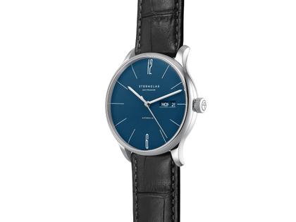 Sternglas Berlin Automatik Edelstahl 38mm blaues Zifferblatt schwarzes Lederband – Herrenuhren Uhr mit Datum aus Edelstahl und Leder. Das Gehäuse ist rund und silber. Das Lederarmband ist schwarz. Das Zifferblatt ist ein Index in blau. – Ansicht 2