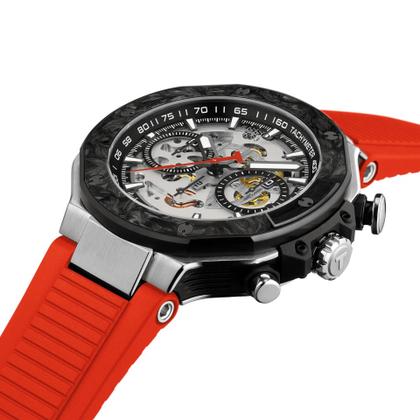Tissot T-Race MotoGP                    2026 Chronograph Limited Edition Automatic Edelstahl 45mm skelettiertes Zifferblatt rotes Silikonband – Herrenuhren Chronograph aus Edelstahl und PVD beschichtet. Das Gehäuse ist rund und silber. Das Kautschuk / Kunststoff / Silikon Armband ist rot. Das Zifferblatt ist ein Index in silber. – Ansicht 2