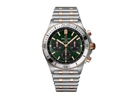 Breitling Chronomat B01 42 Automatik Edelstahl grünes Zifferblatt zweifarbiges Metallband – Herrenuhren Chronograph aus 750 Rotgold und Edelstahl. Das Gehäuse ist rund und silber-rotgold. Das Edelstahlarmband ist silber-rotgold. Das Zifferblatt ist ein Index in grün.