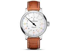 MeisterSinger Perigraph weiß mit Gold, 43mm – Herrenuhren Uhr mit Datum aus Edelstahl. Das Gehäuse ist rund und silber. Das Lederarmband ist braun. Das Zifferblatt ist arabisch und weiß.