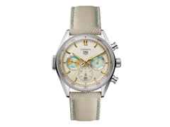 TAG Heuer Carrera Chronograph Seafarer Automatik Edelstahl 42mm beiges Zifferblatt Metallband – Herrenuhren Chronograph aus Edelstahl. Das Gehäuse ist rund und silber. Das Edelstahlarmband ist silber. Das Zifferblatt ist ein Index in beige. – Ansicht 2