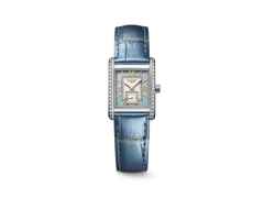 Longines DolceVita   Mini Quarz Edelstahl 22x29mm Brillantbesatz blaues Zifferblatt blaues Lederband – Damenuhren Uhr ohne Datum aus Edelstahl, Leder und vergoldet. Das Gehäuse ist rechteckig und silber. Das Lederarmband Kroko / Alligator ist blau. Das Zifferblatt ist römisch und blau.