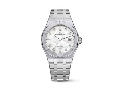 Maurice Lacroix Aikon Automatik Edelstahl 39mm weißes Perlmutt Metallband – Damenuhren Uhr mit Datum aus Edelstahl. Das Gehäuse ist rund und silber. Das Edelstahlarmband ist silber. Das Zifferblatt ist ein Index in weiß.