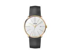 Junghans Meister fein Automatic Edelstahl PVD-Gelbgold 39mm weißes Zifferblatt schwarzes Lederband – Herrenuhren Uhr mit Datum aus Edelstahl, Leder und vergoldet. Das Gehäuse ist rund und roségold. Das Lederarmband ist schwarz. Das Zifferblatt ist ein Index in weiß.