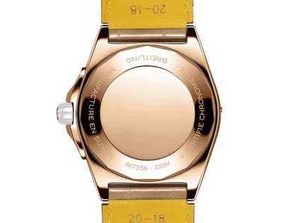 Breitling Super Chronomat Automatic 38 Origins Rotgold beiges Zifferblatt beiges Lederband – Damenuhren Uhr mit Datum aus 750 Rotgold, Keramik und Leder. Das Gehäuse ist rund und roségold. Das Lederarmband Kroko / Alligator ist braun. Das Zifferblatt ist ein Index in beige. – Ansicht 4