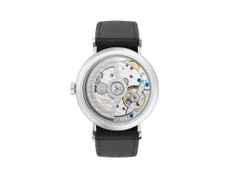 Nomos Glashütte Tangente 35 neomatik Platingrau Automatik Edelstahl 35mm graues Zifferblatt schwarzes Lederband Glasboden – Damenuhren Uhr ohne Datum aus Edelstahl. Das Gehäuse ist rund und silber. Das Lederarmband ist schwarz. Das Zifferblatt ist arabisch Index und silber. – Ansicht 2