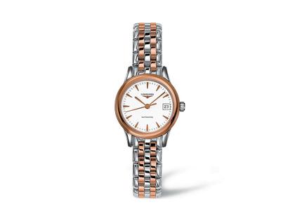 Longines Les Grandes Classiques Flagship Damenuhr Automatik 26 mm PVD rosé Edelstahl weiß index Metallband bicolor – Damenuhren Uhr mit Datum aus Edelstahl. Das Gehäuse ist rund und silber-roségold. Das vergoldetes Edelstahlarmband ist silber-roségold. Das Zifferblatt ist ein Index in weiß.