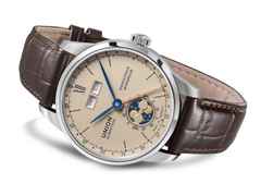 Union Glashütte 1893 Johannes Dürrstein Edition Doppelmondphase Handaufzug Edelstahl 41mm beiges Zifferblatt braunes Lederband – Herrenuhren Uhr mit Datum aus Edelstahl und Leder. Das Gehäuse ist rund und silber. Das Lederarmband ist braun. Das Zifferblatt ist römisch Index und beige. – Ansicht 3