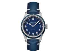 Montblanc 1858 Automatic 40mm blau – Herrenuhren Uhr ohne Datum aus Bronze und Edelstahl. Das Gehäuse ist rund und silber. Das Lederarmband ist blau. Das Zifferblatt ist arabisch und blau.