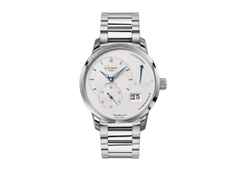 Glashütte Original PanoReserve Handaufzug Edelstahl 40mm silbernes Zifferblatt Metallband – Herrenuhren Uhr mit Datum aus Edelstahl. Das Gehäuse ist rund und silber. Das Edelstahlarmband ist silber. Das Zifferblatt ist ein Index in silber.