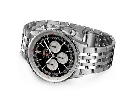Breitling Navitimer B01 Chronograph 46 Edelstahl schwarzes Zifferblatt Metallband – Herrenuhren Chronograph aus Edelstahl. Das Gehäuse ist rund und silber. Das Edelstahlarmband ist silber. Das Zifferblatt ist ein Index in schwarz. – Ansicht 3