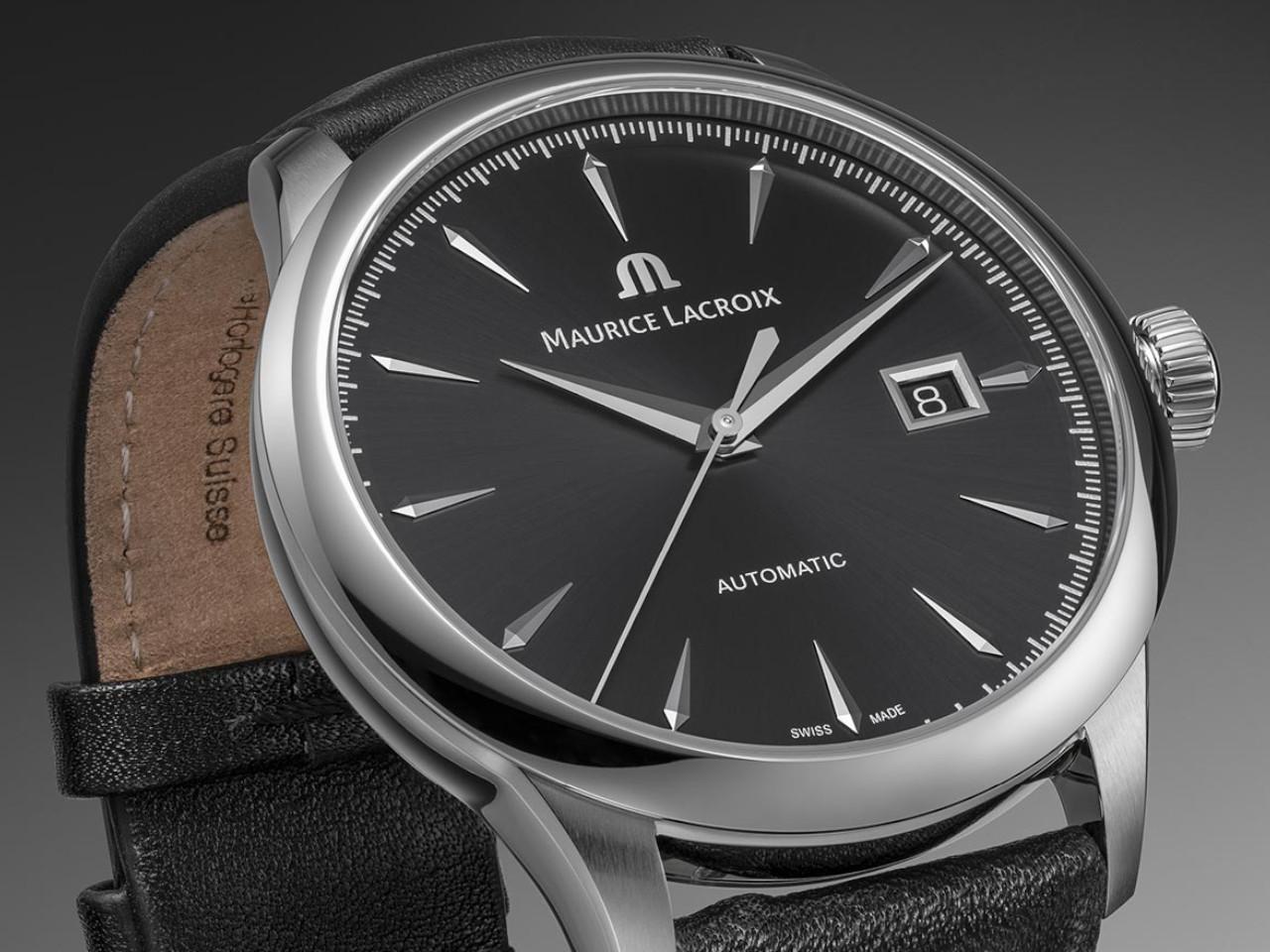 Maurice Lacroix 1975 Automatik Edelstahl 40mm schwarzes Zifferblatt schwarzes Lederband – Herrenuhren Uhr mit Datum aus Edelstahl. Das Gehäuse ist rund und silber. Das Lederarmband ist schwarz. Das Zifferblatt ist ein Index in schwarz. – Ansicht 3