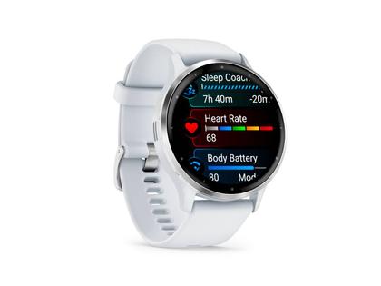 Garmin Venu 3 faserverstärktes Polymer Steinweiß 45mm steinweißes Kautschukband – Herrenuhren Uhr Multifunktion aus Edelstahl, Kautschuk und Kunststoff. Das Gehäuse ist rund und weiß. Das Kautschuk / Kunststoff / Silikon Armband ist weiß. Das Zifferblatt ist digital und schwarz. – Ansicht 7