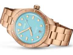 Oris Divers Sixty-Five Cotton Candy Automatik Bronze 38mm blaues Zifferblatt Metallband – Damenuhren Uhr mit Datum aus Bronze. Das Gehäuse ist rund und roségold. Das Metallarmband ist roségold. Das Zifferblatt ist ein Index in blau. – Ansicht 2