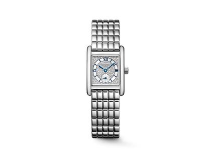Longines DolceVita   Mini Quarz Edelstahl 22x29mm silbernes Zifferblatt mit Diamanten Metallband – Damenuhren Uhr ohne Datum aus Edelstahl. Das Gehäuse ist rechteckig und silber. Das Edelstahlarmband ist silber. Das Zifferblatt ist römisch und silber.
