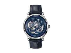 Glashütte Original PanoMaticCalendar Automatik Platin 42mm skelettiertes Zifferblatt blaues Lederband limitiert – Herrenuhren Uhr mit Kalender aus 750 Weißgold, 950 Platin und Leder. Das Gehäuse ist rund und silber. Das Lederarmband Kroko / Alligator ist blau. Das Zifferblatt ist ein Index in blau.