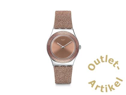 Swatch "Rose Sparkle" Quarz Edelstahl 33mm braunes Zifferblatt braunes Silikonband – Damenuhren Uhr ohne Datum aus Edelstahl und Kautschuk. Das Gehäuse ist rund und transparent. Das Kautschuk / Kunststoff / Silikon Armband ist braun. Das Zifferblatt ist ein Index in braun.