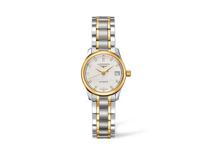 Longines Master Collection Automatik 25 mm Gelbgold bicolor weiß Diamanten Metallband – Damenuhren Uhr mit Datum aus 750 Gelbgold und Edelstahl. Das Armband ist ein Edelstahlarmband mit Gold. Der Zifferblatt ist ein Index.