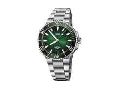 Oris Aquis Date Calibre 400 Automatik Edelstahl 41,5mm grünes Zifferblatt Metallband – Herrenuhren Uhr mit Datum aus Edelstahl. Das Gehäuse ist rund und silber. Das Edelstahlarmband ist silber. Das Zifferblatt ist ein Index in grün.