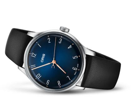 Oris Artelier James Morrison Acadamy of Music Limited Edition – Herrenuhren Uhr ohne Datum aus Edelstahl. Das Gehäuse ist rund und silber. Das Lederarmband ist schwarz. Das Zifferblatt ist ein Index in blau. – Ansicht 2