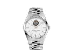 Frederique Constant Highlife Heart Beat Automatic Chronometer Edelstahl 41mm silbernes Zifferblatt Metallband und Kautschukband – Herrenuhren Uhr ohne Datum aus Edelstahl und Kautschuk. Das Gehäuse ist rund und silber. Das Edelstahlarmband ist silber. Das Zifferblatt ist ein Index in silber.