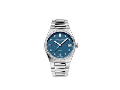 Frederique Constant Highlife Ladies Automatic Sparkling Edelstahl 34mm blaues Zifferblatt Metallband Limited Edition – Damenuhren Uhr mit Datum aus Edelstahl. Das Gehäuse ist rund und silber. Das Edelstahlarmband ist silber. Das Zifferblatt ist ein Index in blau.