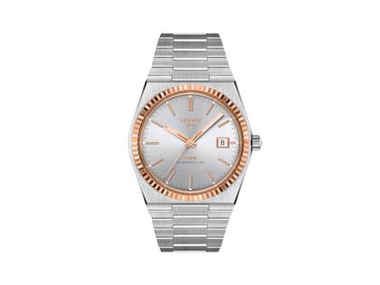 Tissot PRX Automatik Edelstahl 40mm silbernes Zifferblatt Metallband – Herrenuhren Uhr mit Datum aus 750 Rotgold und Edelstahl. Das Gehäuse ist rund und silber. Das Edelstahlarmband ist silber. Das Zifferblatt ist ein Index in silber.