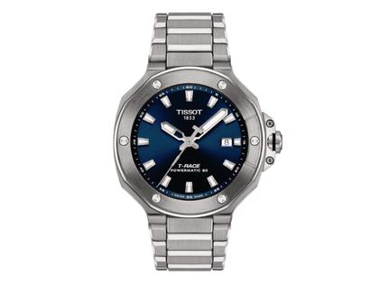 Tissot T-Race Powermatic 80 Automatik Edelstahl 41mm blaues Zifferblatt Metallband – Herrenuhren Uhr mit Datum aus Edelstahl. Das Gehäuse ist rund und silber. Das Edelstahlarmband ist silber. Das Zifferblatt ist ein Index in blau.