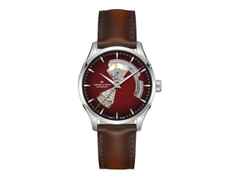 Hamilton Jazzmaster Open Heart Automatik Edelstahl 40mm rotes Zifferblatt rotbraunes Lederband – Herrenuhren Uhr ohne Datum aus Edelstahl und Leder. Das Gehäuse ist rund und silber. Das Lederarmband ist braun. Das Zifferblatt ist ein Index in rot.