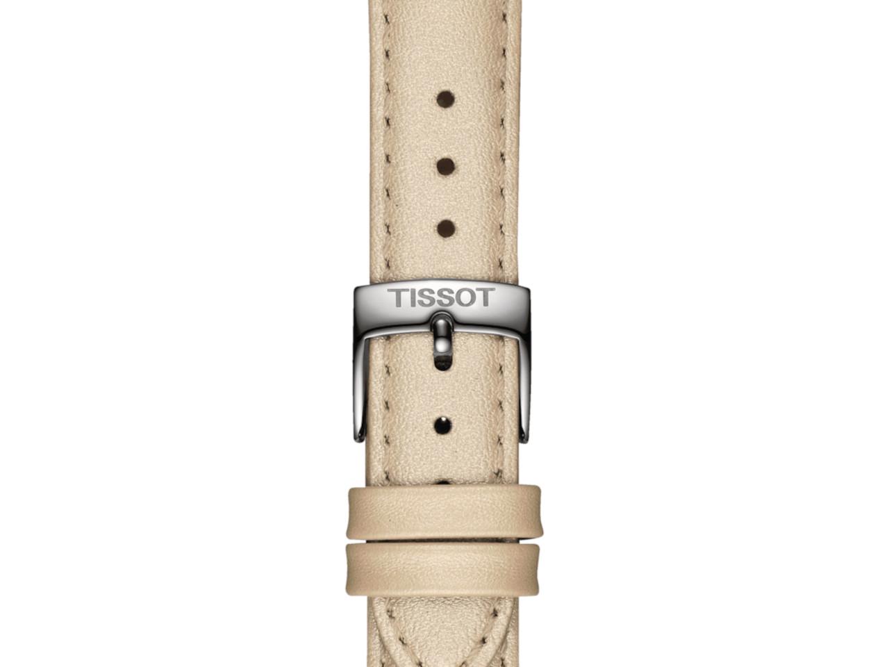 Tissot PR 100 Quarz Edelstahl 34mm weißes Perlmutt-Zifferblatt cremefarbenes Lederband – Damenuhren Uhr mit Datum aus Edelstahl und Leder. Das Gehäuse ist rund und silber. Das Lederarmband ist beige. Das Zifferblatt ist ein Index in weiß. – Ansicht 4